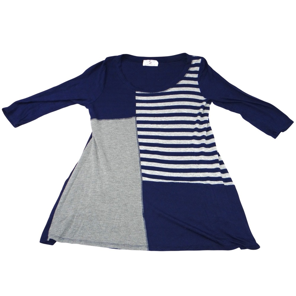 Vintage OSO CASUALS Women's Navy Grey Color Block 3/4 Sleeve Tunic Top Sz Large